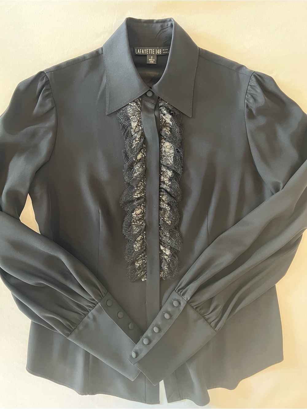 Women’s Lafayette 148 Lace Ruffled Silk Blouse